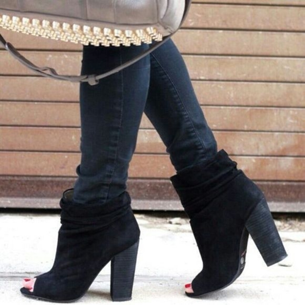 Elegant Black Suede Peep-Toe Ankle Booties